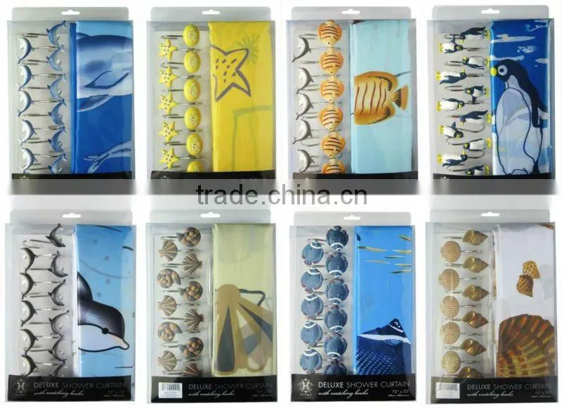 dolphin polyester shower curtain bathroom curtain,matching with 12pcs poly resin hooks