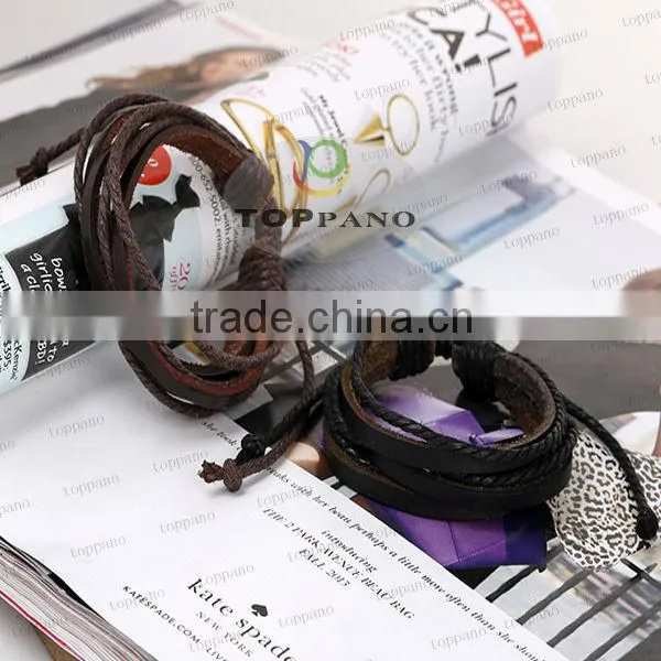 Top quality vintage style red and black stainless steel charm genuine leather bracelet for men