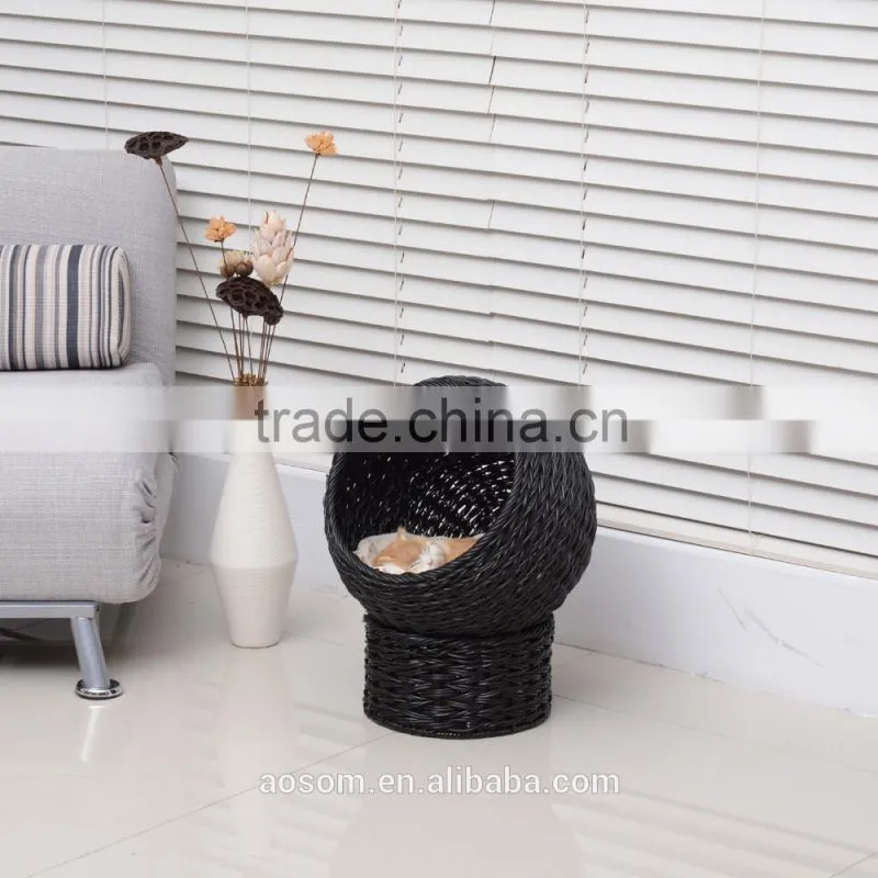 Pawhut Black/Beige 21" Hooded Rattan Wicker Elevated Cat Bed
