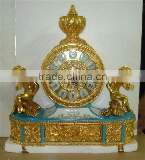 Emperial Cellectable World Treasure Gold Plated Brass Engraved Table Clock, Noble Crown Turquoise Ceramic Decorative Desk Clock