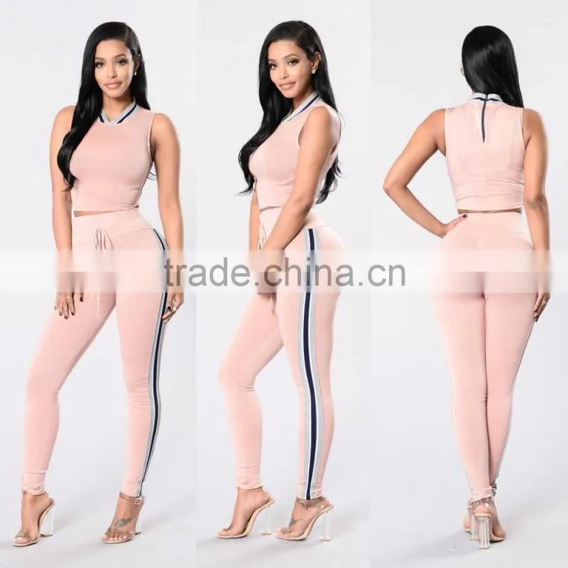 korean fashion women Gym clothing Women suit Crop Top & High Waisted Striped Pant sports wear