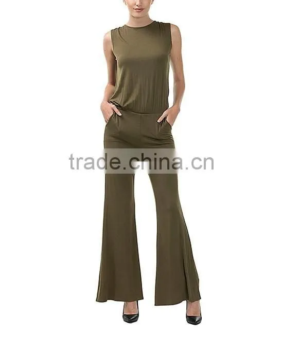 Jumpsuit Fashion New Design Super Soft Summer Full Length Trouser Wide Leg Olive Open Back Romper Jumpsuit Women 2017 Sleeveless