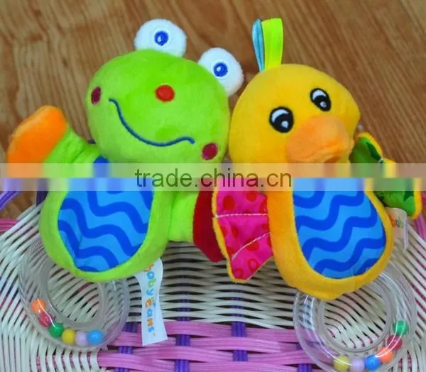 Cute animal baby educational plush toys with ring in colorful beans baby gifts