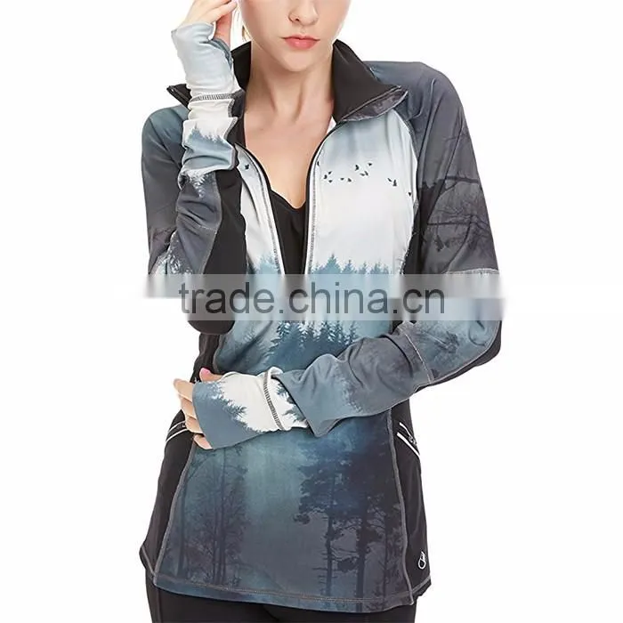 Modern style thumb hole sleeve sublimation printed lady half zipper jacket
