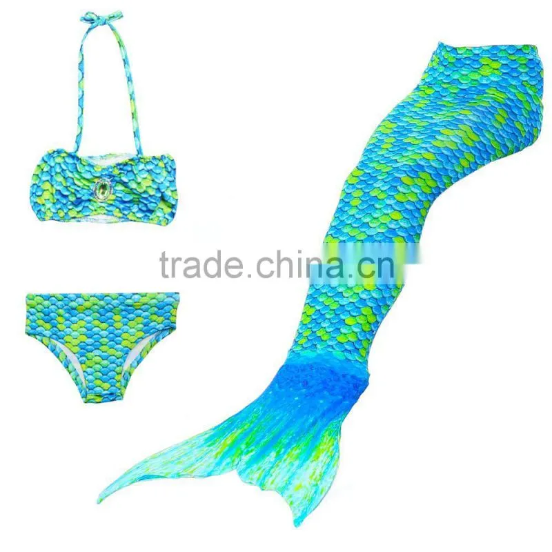 Kids Bikini + Shorts + Mermaid Tail with pink monofin for Swimming