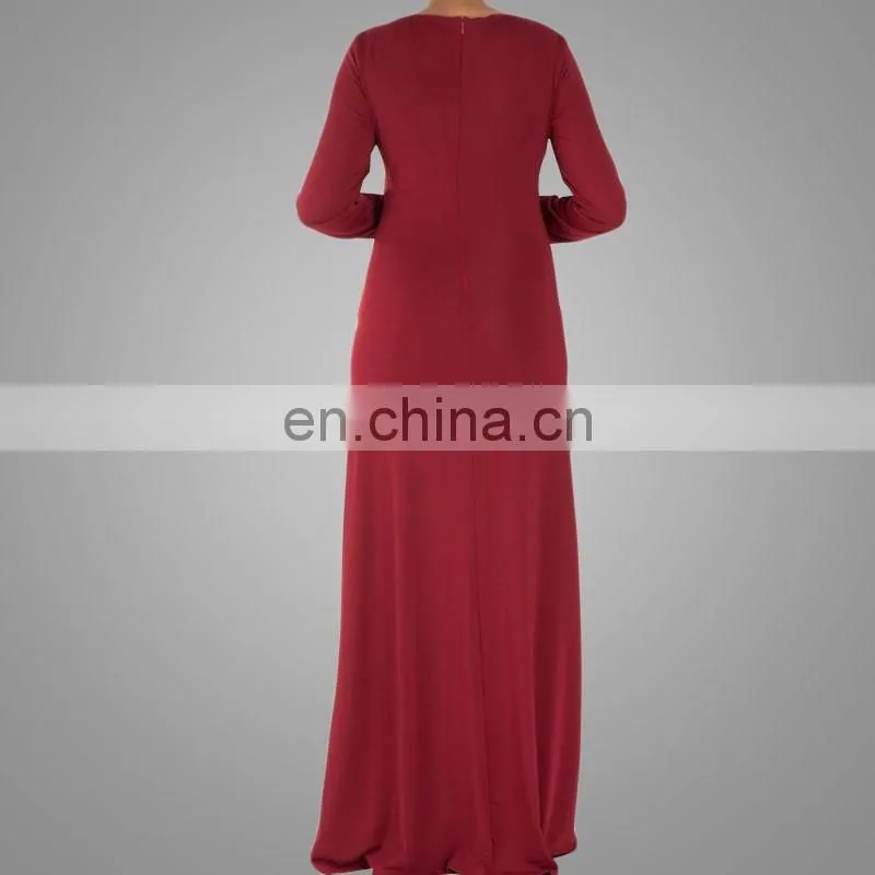 Muslim Long Sleeve Abaya Red Jersey Fabric Islamic Design Plain Solid Color Abaya Dress