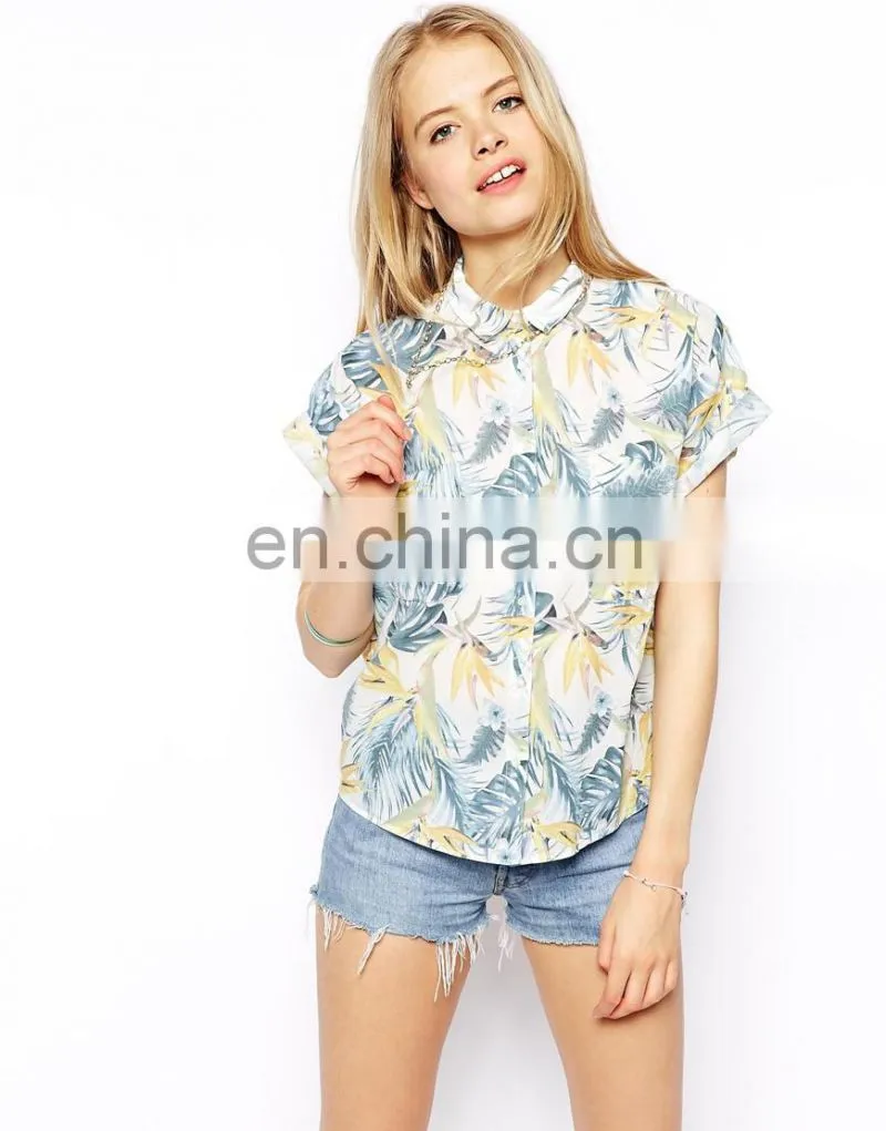 Tropical Boxy Shirt/cotton fabric womens casual shirts/shirt women short sleeve fashion model-cp381