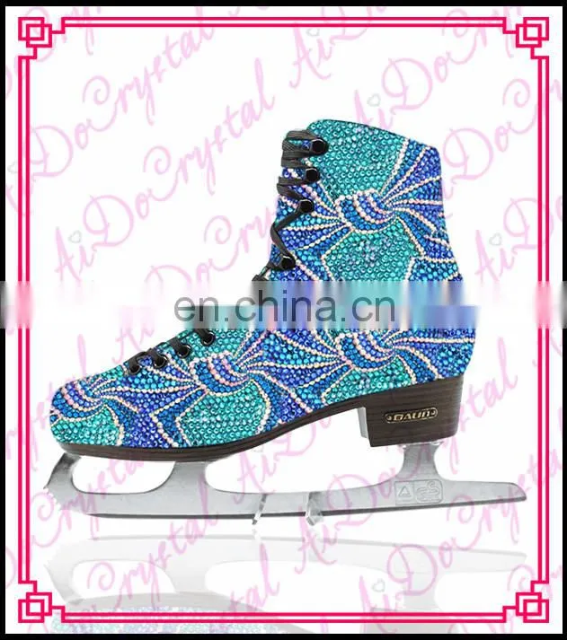 Aidocrystal 2016 glitter blue ice skating shoes,crystal figure skate sport shoes for girls