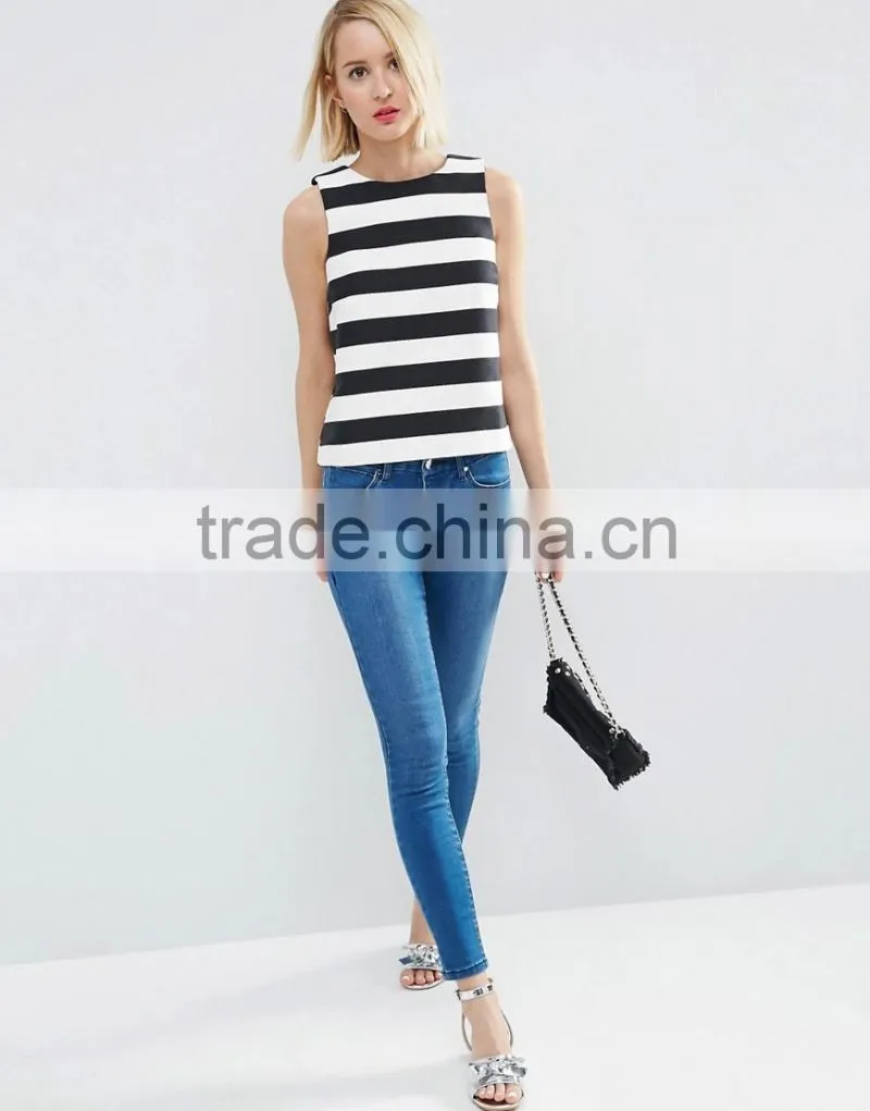 Stripe fashion lady cutting blouse latest tops designs girls