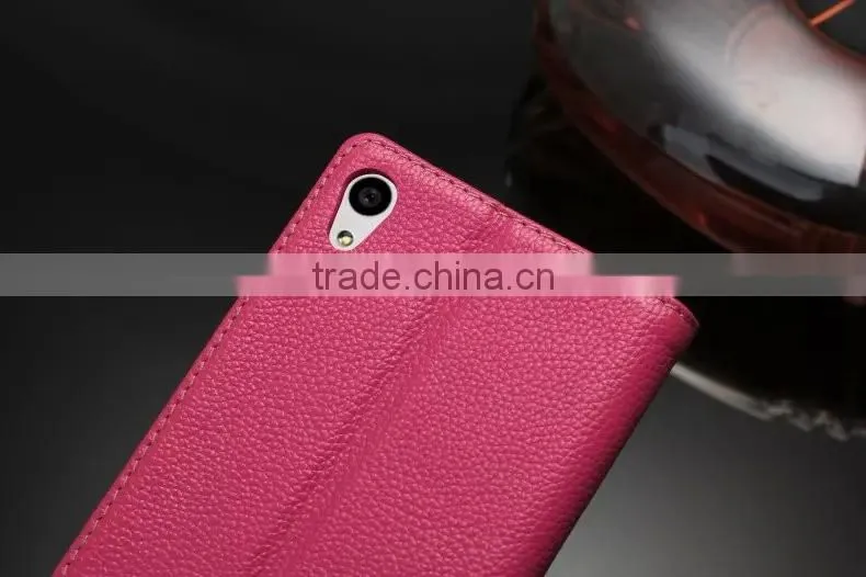 DLS Litchi Grain Genuine Leather Flip Case for Sony Z5 Plus Wallet Cover Case with Card Slot MT-5195