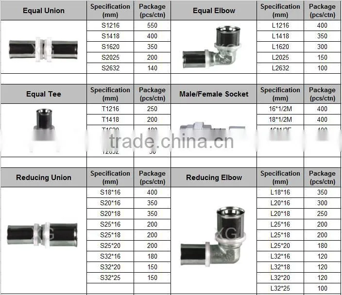 yellow gas pipe brass press fittings union and elbow/PE pipe brass fittings