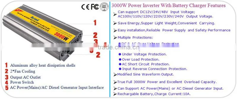 Hot sell Meind 3000W Modified Sine Wave Inverter With Battery charge