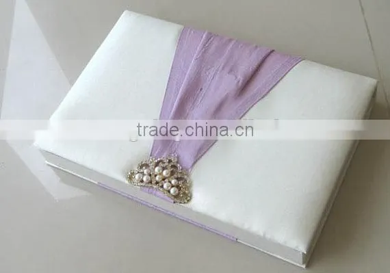 Silk Wedding Invitation Box with rhinestone brooch and ribbon WHOLESALE