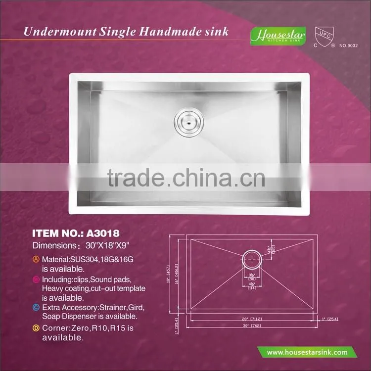 30 Inch Stainless Steel Single Bowl Sink, Handmade 16 Gauge Undermount Kitchen Sink With cUPC Approved 3018A
