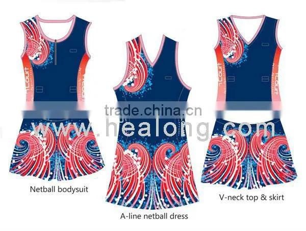 purple and white sublimation netball wear, breathable netball uniforms, cheap netball dresses