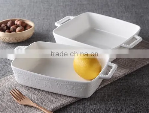 7'' White porcelain bakeware with handle Square white porcelain tray Porcelain bakeware