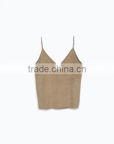 Fashion Women Faux Suede V Neck And Back Strappy Top 2016