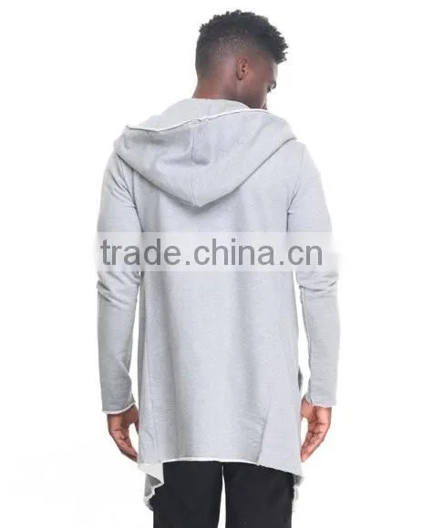 Open front Long sleeve men's elongated hoody coat attached hood made in China factory