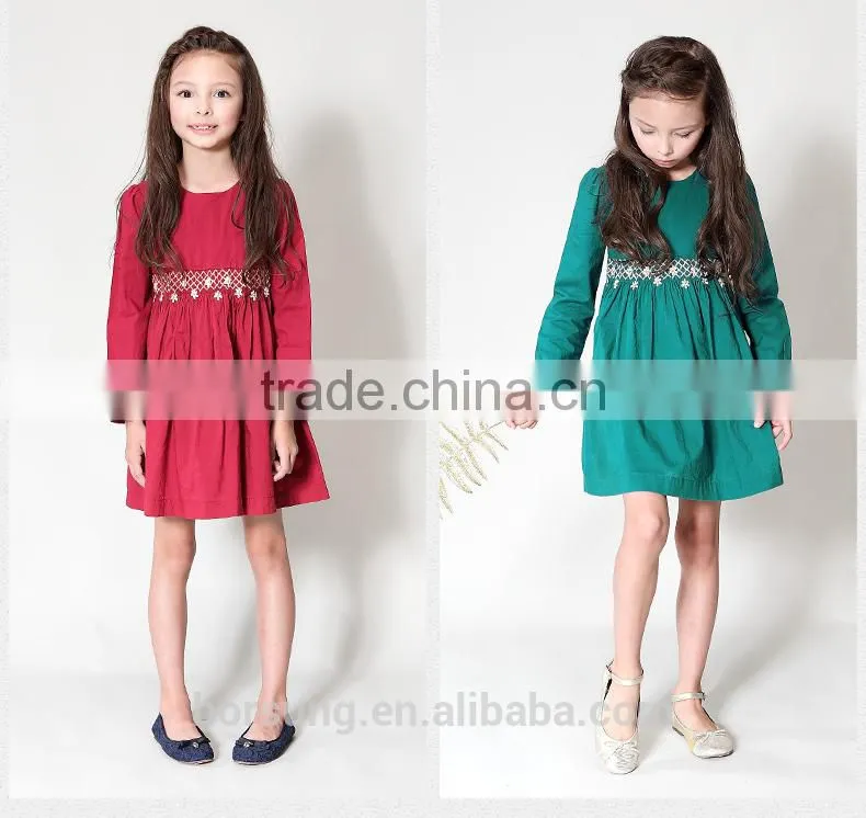 Children Cotton Frocks Designs Long Sleeve Flower Kids Girls Embroidered Puffy Smocked Party Dress