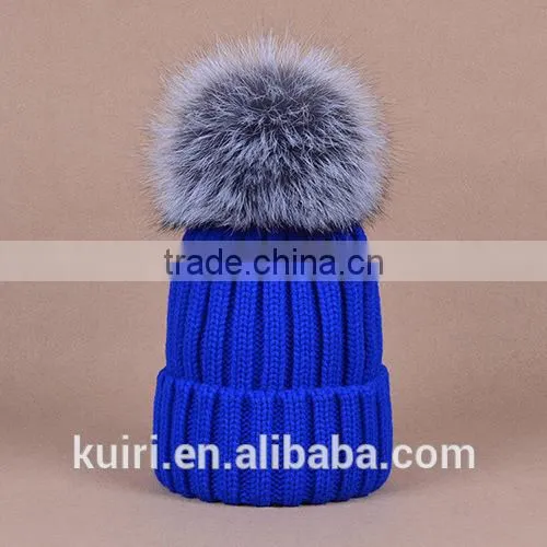 knitted hat with snap silver fox fur ball on top