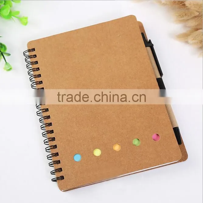 customised logo Kraft blank cover white lined inner paper spiral notebook with pen colorful sticky notes divider
