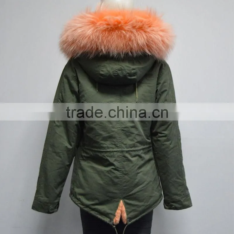 New style orange stripe faux fur lined with raccoon fur collar fur coat for woman