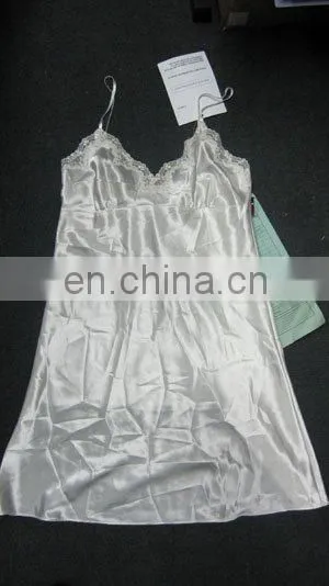 Lady's 100%polyester satin nightwear chemise with emb.lace fabric lingerie set