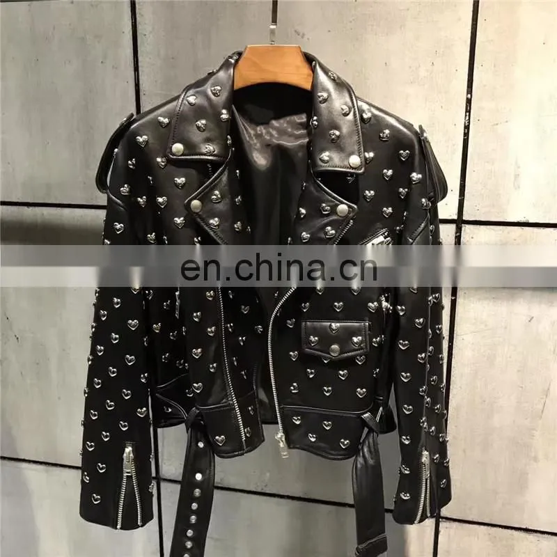 High Quality Custom Design Fashion Motocycle Biker Black Genuine Leather Short Jacket Women