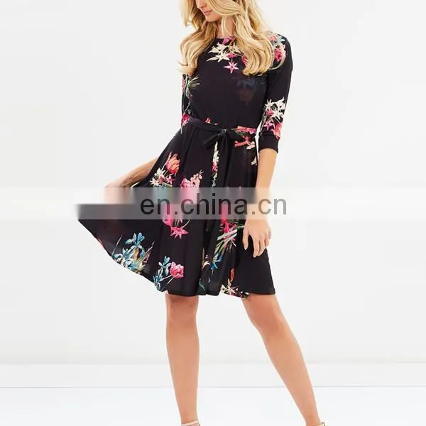 Oem women dresses 3/4 sleevefloral print girls autumn dress names with pictures