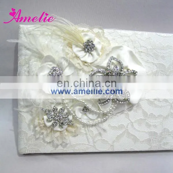 AW0707 Feather, pearls and rhinestones decorated ivory guest book