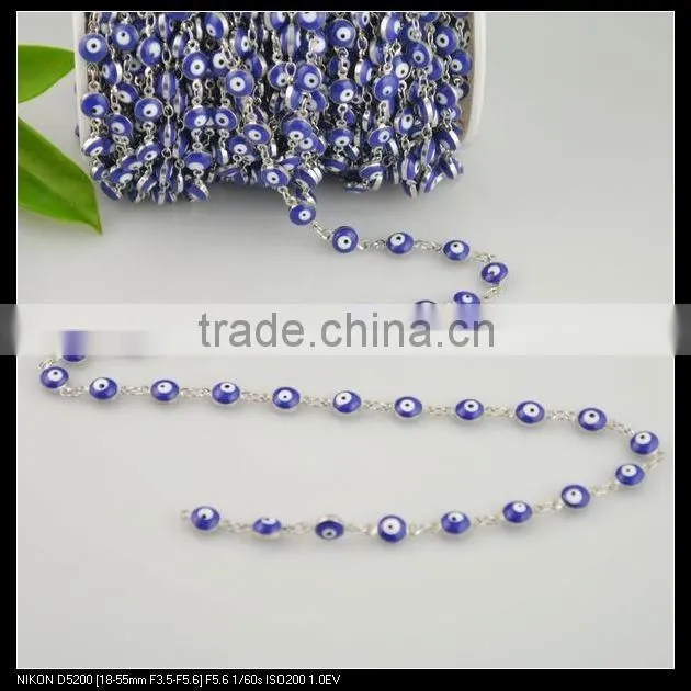 LFD-0022C ~ Wholesale 6MM Rosary Style Chains in Deep Blue Color - Evil Beaded Wire Wrapped Beaded Chain Jewelry Making