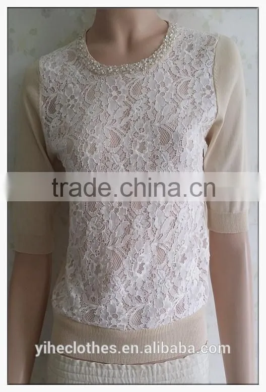 2015 women knitting ladies' blouse short sleeve beaded round neck pullover with lace patchwork