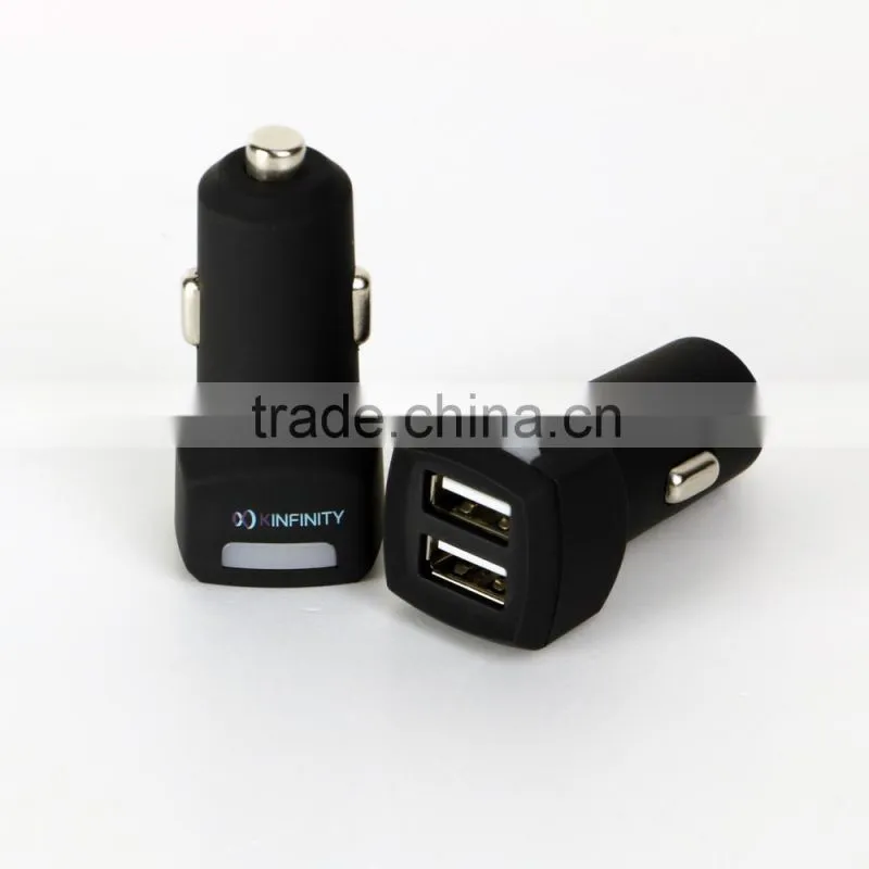 Dual Port Universal USB Portable Car Charger with Rubber Finish