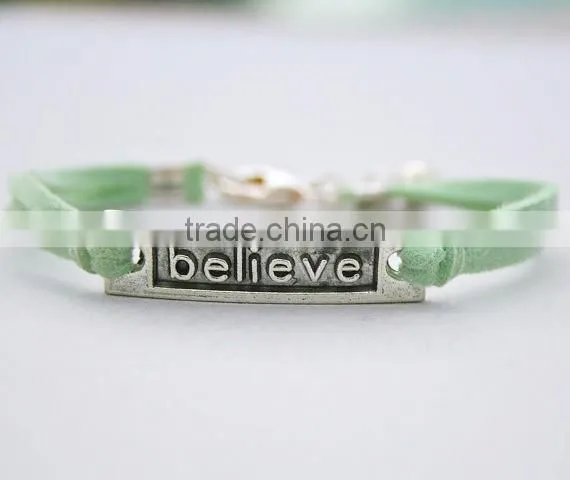 Custom gift Leather cord antiqued Silver Believe Charm Bracelet