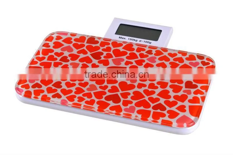 150kg Electronic folding unique mini color printing glass weighing bathroom scale with independent alarm