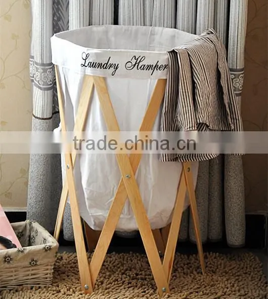 High quality round home foldable laundry storage basket with wood