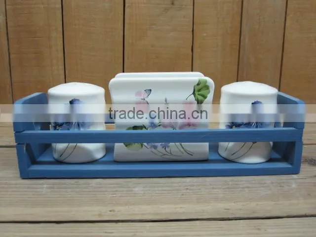 Flower Decal Napkin Holder with Salt Pepper Shakers with Pink Wooden Stand