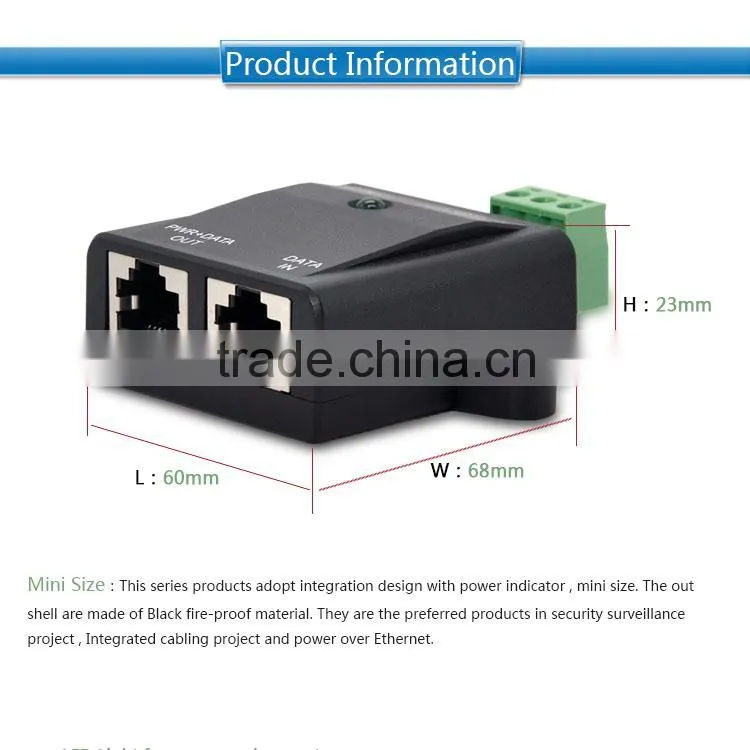 Factory Price 10/100M 2 Port 802.3af DC12-18v output POE injector