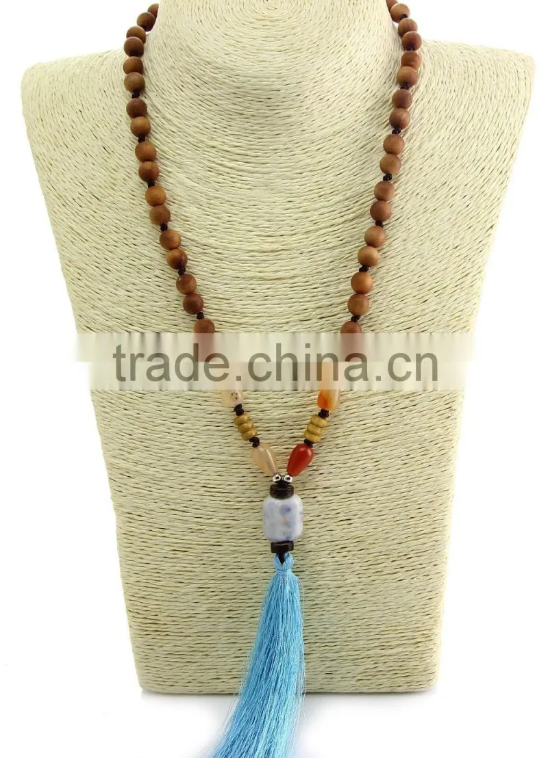 unisex women wooden beaded necklace gemstone pendant necklace with tassel