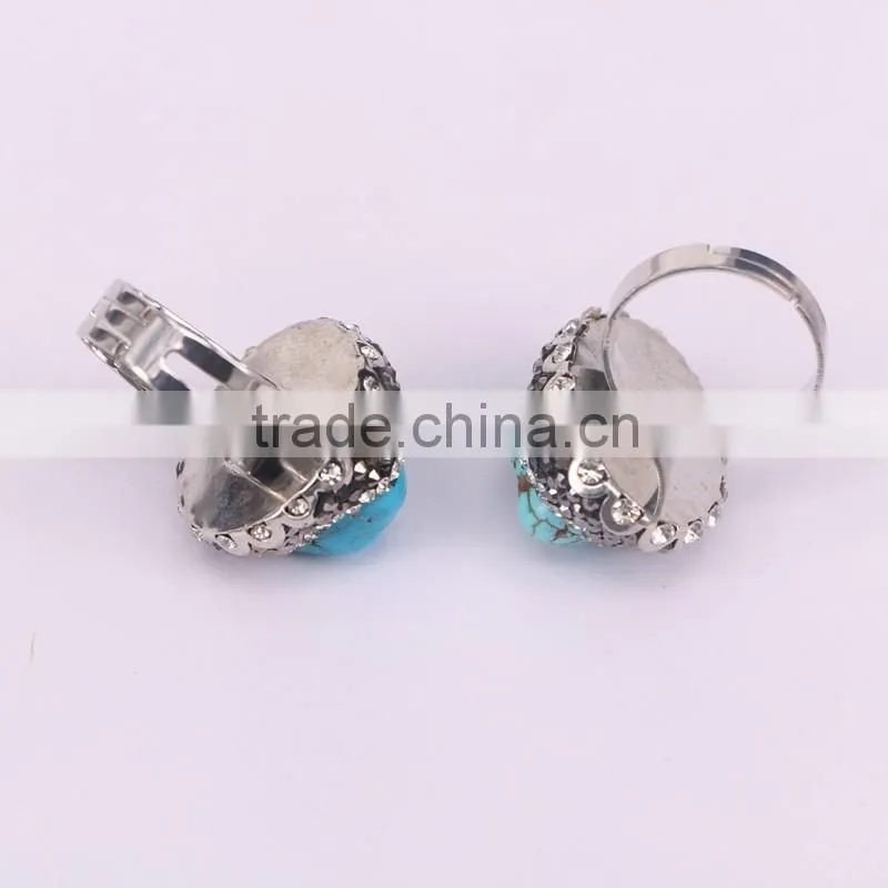 Fashion Rhinestone Free Shaped Blue Howlite Turquoise Ring Handmade Pave Crystal Jewelry Gemstone Ring