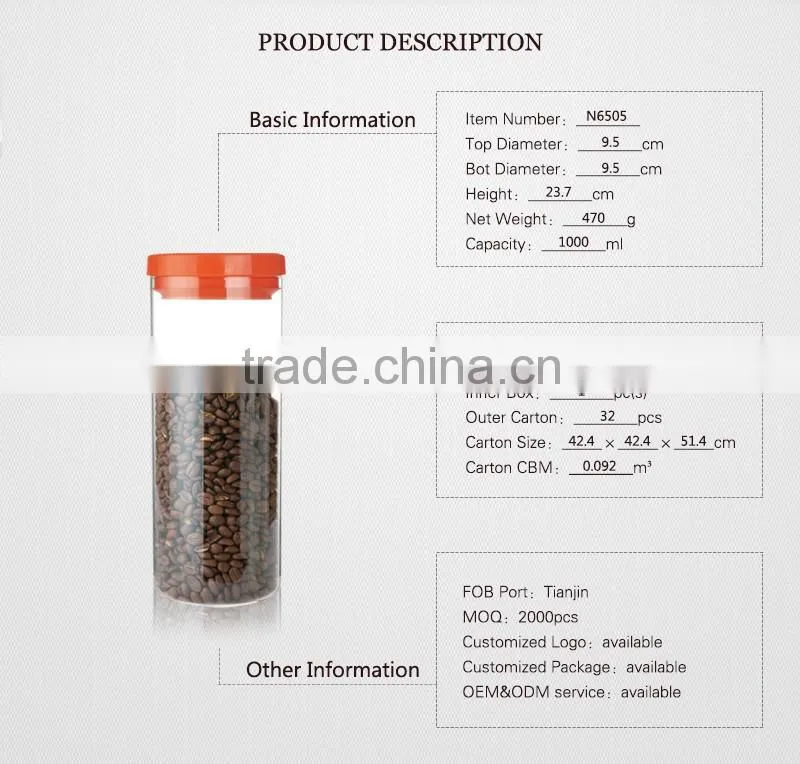 New product 1000ml pyrex glass storage jars with plastic lids OEM N6505
