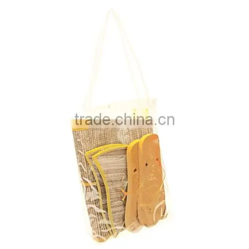 Folding straw beach mat set with flip flop and straw hat