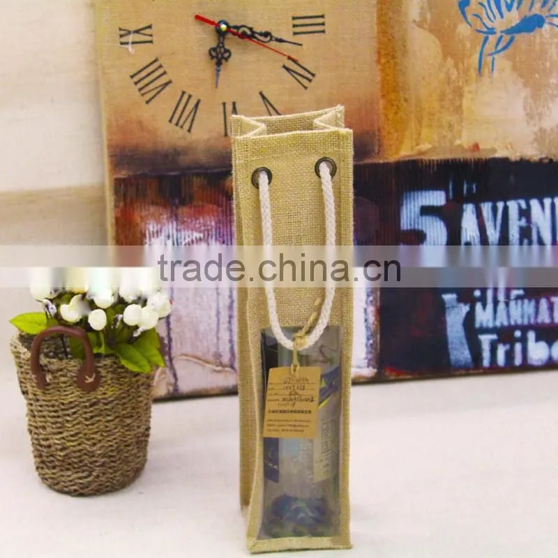 Clear jute bag with window/small jute wine bag with cotton material handle