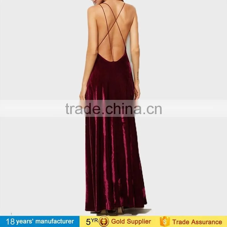 New sexy fashion burgundy spaghetti strap backless wrap maxi long party velvet prom dresses 2016