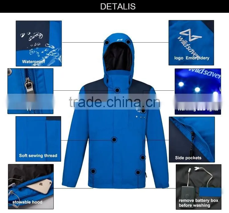 Wildsaver custom blue LED jacket nylon fabric for windbreaker