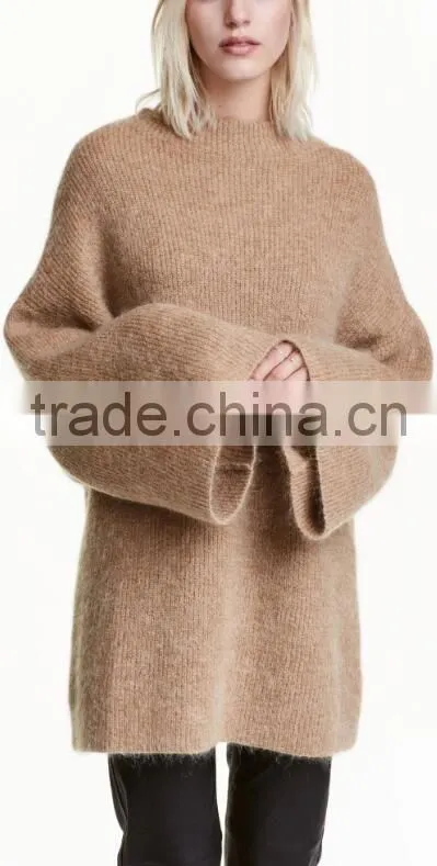 High Quality Long Bell Sleeves Crew Neck Ribbed Handmade Wool Knit Sweater for Women