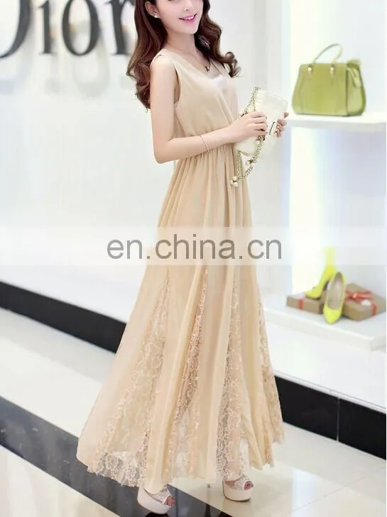 flowery lace stitching chiffon sleeveless long dress black white