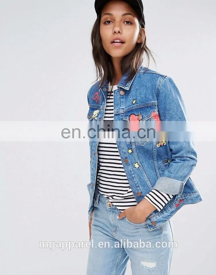 New design 100% Cotton jeans jacket women Badge Detail jean jacket wholesale