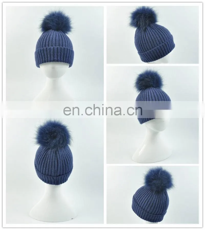Kids Funny Hat With Big Genuine Raccoon Fur Ball Winter Knit Hat Baby Crochet