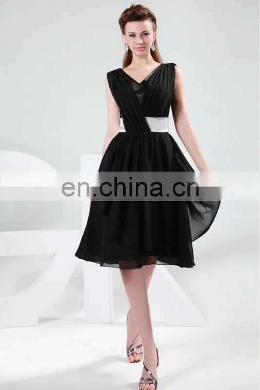 2015 Grace Karin V-Neck Sleeveless Chiffon Knee Length Black Evening Party Dresses CL4361